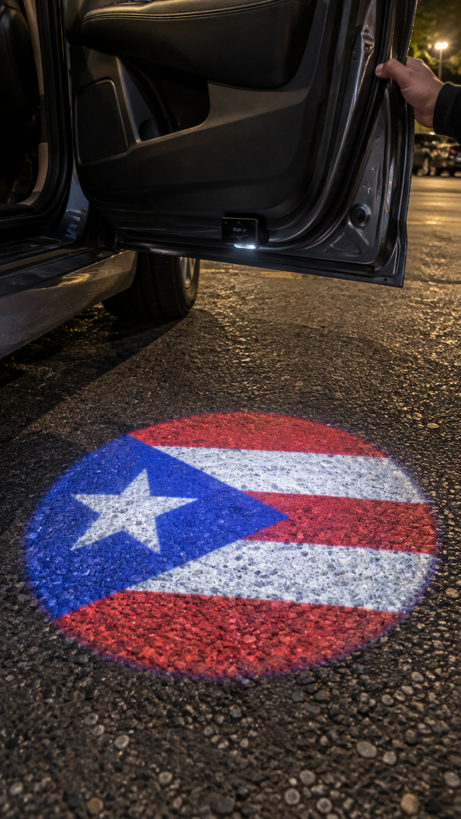 Close-up illustration of circular Puerto Rican flag projection on asphalt
