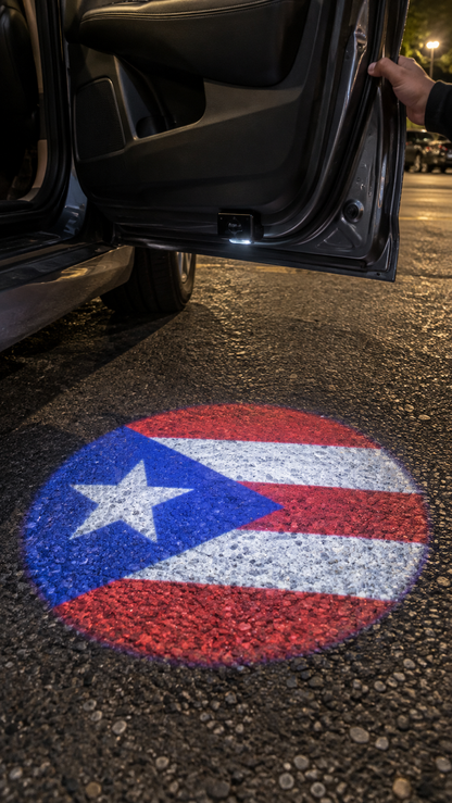 Close-up illustration of circular Puerto Rican flag projection on asphalt